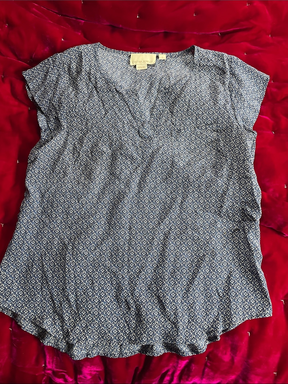 Cynthia Rowley Blue, Printed Short-Sleeve Silk V-Neck Top